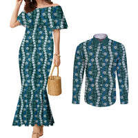 Pikake Maile Tiare Lei Couples Matching Mermaid Dress and Long Sleeve Button Shirt Polu Lauhala Pattern LT01 Blue - Polynesian Pride