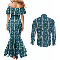 Pikake Maile Tiare Lei Couples Matching Mermaid Dress and Long Sleeve Button Shirt Polu Lauhala Pattern LT01 - Polynesian Pride