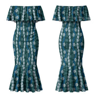 Pikake Maile Tiare Lei Couples Matching Mermaid Dress and Long Sleeve Button Shirt Polu Lauhala Pattern LT01 - Polynesian Pride