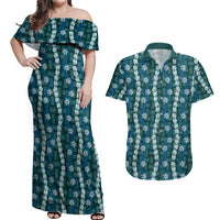 Pikake Maile Tiare Lei Couples Matching Off Shoulder Maxi Dress and Hawaiian Shirt Polu Lauhala Pattern LT01 Blue - Polynesian Pride