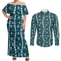 Pikake Maile Tiare Lei Couples Matching Off Shoulder Maxi Dress and Long Sleeve Button Shirt Polu Lauhala Pattern LT01 Blue - Polynesian Pride