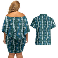 Pikake Maile Tiare Lei Couples Matching Off Shoulder Short Dress and Hawaiian Shirt Polu Lauhala Pattern LT01 - Polynesian Pride