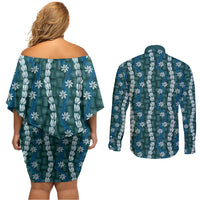 Pikake Maile Tiare Lei Couples Matching Off Shoulder Short Dress and Long Sleeve Button Shirt Polu Lauhala Pattern
