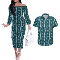 Pikake Maile Tiare Lei Couples Matching Off The Shoulder Long Sleeve Dress and Hawaiian Shirt Polu Lauhala Pattern LT01 Blue - Polynesian Pride