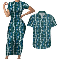 Pikake Maile Tiare Lei Couples Matching Short Sleeve Bodycon Dress and Hawaiian Shirt Polu Lauhala Pattern