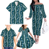 Pikake Maile Tiare Lei Family Matching Off The Shoulder Long Sleeve Dress and Hawaiian Shirt Polu Lauhala Pattern LT01 - Polynesian Pride