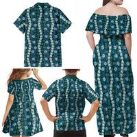 Pikake Maile Tiare Lei Family Matching Off Shoulder Maxi Dress and Hawaiian Shirt Polu Lauhala Pattern LT01 Mom's Dress Blue - Polynesian Pride