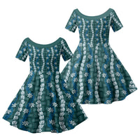 Pikake Maile Tiare Lei Family Matching Short Sleeve Bodycon Dress and Hawaiian Shirt Polu Lauhala Pattern LT01 Daughter's Dress Blue - Polynesian Pride