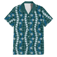 Pikake Maile Tiare Lei Family Matching Tank Maxi Dress and Hawaiian Shirt Polu Lauhala Pattern LT01 Dad's Shirt - Short Sleeve Blue - Polynesian Pride