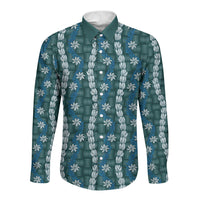 Pikake Maile Tiare Lei Long Sleeve Button Shirt Polu Lauhala Pattern LT01 Unisex Blue - Polynesian Pride