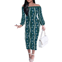Pikake Maile Tiare Lei Off The Shoulder Long Sleeve Dress Polu Lauhala Pattern LT01 Women Blue - Polynesian Pride