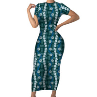 Pikake Maile Tiare Lei Short Sleeve Bodycon Dress Polu Lauhala Pattern LT01 Long Dress Blue - Polynesian Pride