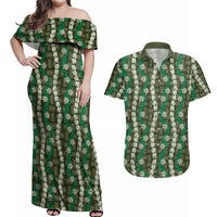 Pikake Maile Tiare Lei Couples Matching Off Shoulder Maxi Dress and Hawaiian Shirt Omaomao Lauhala Pattern LT01 Green - Polynesian Pride