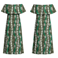 Pikake Maile Tiare Lei Couples Matching Off Shoulder Maxi Dress and Long Sleeve Button Shirt Omaomao Lauhala Pattern LT01 - Polynesian Pride