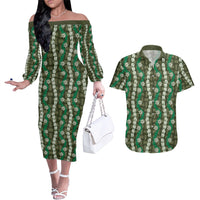 Pikake Maile Tiare Lei Couples Matching Off The Shoulder Long Sleeve Dress and Hawaiian Shirt Omaomao Lauhala Pattern LT01 Green - Polynesian Pride