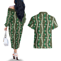 Pikake Maile Tiare Lei Couples Matching Off The Shoulder Long Sleeve Dress and Hawaiian Shirt Omaomao Lauhala Pattern LT01 - Polynesian Pride