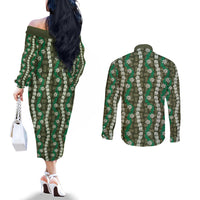 Pikake Maile Tiare Lei Couples Matching Off The Shoulder Long Sleeve Dress and Long Sleeve Button Shirt Omaomao Lauhala Pattern LT01 - Polynesian Pride