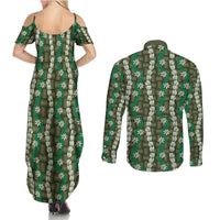 Pikake Maile Tiare Lei Couples Matching Summer Maxi Dress and Long Sleeve Button Shirt Omaomao Lauhala Pattern LT01 - Polynesian Pride