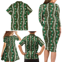 Pikake Maile Tiare Lei Family Matching Long Sleeve Bodycon Dress and Hawaiian Shirt Omaomao Lauhala Pattern LT01 - Polynesian Pride