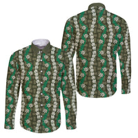 Pikake Maile Tiare Lei Family Matching Off Shoulder Maxi Dress and Hawaiian Shirt Omaomao Lauhala Pattern LT01 Dad's Shirt - Long Sleeve Green - Polynesian Pride