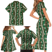 Pikake Maile Tiare Lei Family Matching Short Sleeve Bodycon Dress and Hawaiian Shirt Omaomao Lauhala Pattern LT01 - Polynesian Pride