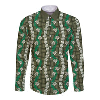Pikake Maile Tiare Lei Long Sleeve Button Shirt Omaomao Lauhala Pattern LT01 Unisex Green - Polynesian Pride