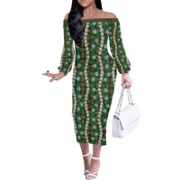 Pikake Maile Tiare Lei Off The Shoulder Long Sleeve Dress Omaomao Lauhala Pattern LT01 Women Green - Polynesian Pride