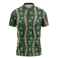 Pikake Maile Tiare Lei Zipper Polo Shirt Omaomao Lauhala Pattern LT01 Green - Polynesian Pride