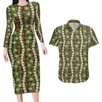 Pikake Maile Tiare Lei Couples Matching Long Sleeve Bodycon Dress and Hawaiian Shirt Natural Lauhala Pattern LT01 Brown - Polynesian Pride