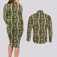 Pikake Maile Tiare Lei Couples Matching Long Sleeve Bodycon Dress and Long Sleeve Button Shirt Natural Lauhala Pattern LT01 - Polynesian Pride