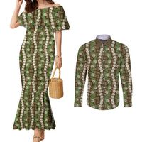 Pikake Maile Tiare Lei Couples Matching Mermaid Dress and Long Sleeve Button Shirt Natural Lauhala Pattern LT01 Brown - Polynesian Pride