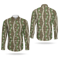 Pikake Maile Tiare Lei Couples Matching Mermaid Dress and Long Sleeve Button Shirt Natural Lauhala Pattern LT01 - Polynesian Pride