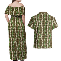 Pikake Maile Tiare Lei Couples Matching Off Shoulder Maxi Dress and Hawaiian Shirt Natural Lauhala Pattern LT01 - Polynesian Pride