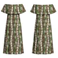 Pikake Maile Tiare Lei Couples Matching Off Shoulder Maxi Dress and Long Sleeve Button Shirt Natural Lauhala Pattern LT01 - Polynesian Pride