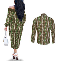 Pikake Maile Tiare Lei Couples Matching Off The Shoulder Long Sleeve Dress and Long Sleeve Button Shirt Natural Lauhala Pattern LT01 - Polynesian Pride