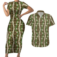 Pikake Maile Tiare Lei Couples Matching Short Sleeve Bodycon Dress and Hawaiian Shirt Natural Lauhala Pattern LT01 Brown - Polynesian Pride