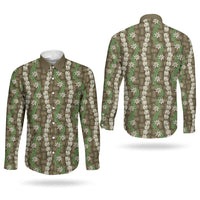 Pikake Maile Tiare Lei Couples Matching Short Sleeve Bodycon Dress and Long Sleeve Button Shirt Natural Lauhala Pattern LT01 - Polynesian Pride
