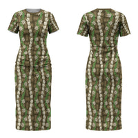 Pikake Maile Tiare Lei Couples Matching Short Sleeve Bodycon Dress and Long Sleeve Button Shirt Natural Lauhala Pattern LT01 - Polynesian Pride