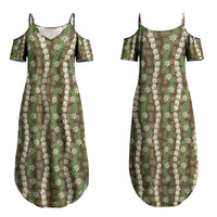 Pikake Maile Tiare Lei Couples Matching Summer Maxi Dress and Long Sleeve Button Shirt Natural Lauhala Pattern LT01 - Polynesian Pride