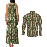 Pikake Maile Tiare Lei Couples Matching Tank Maxi Dress and Long Sleeve Button Shirt Natural Lauhala Pattern LT01 - Polynesian Pride