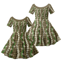 Pikake Maile Tiare Lei Family Matching Long Sleeve Bodycon Dress and Hawaiian Shirt Natural Lauhala Pattern LT01 Daughter's Dress Brown - Polynesian Pride