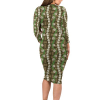 Pikake Maile Tiare Lei Family Matching Long Sleeve Bodycon Dress and Hawaiian Shirt Natural Lauhala Pattern