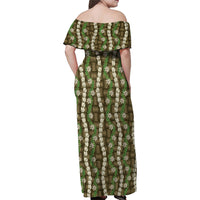 Pikake Maile Tiare Lei Family Matching Off Shoulder Maxi Dress and Hawaiian Shirt Natural Lauhala Pattern