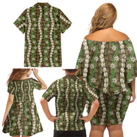Pikake Maile Tiare Lei Family Matching Off Shoulder Short Dress and Hawaiian Shirt Natural Lauhala Pattern LT01 Mom's Dress Brown - Polynesian Pride