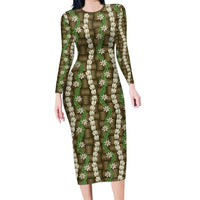 Pikake Maile Tiare Lei Long Sleeve Bodycon Dress Natural Lauhala Pattern LT01 Long Dress Brown - Polynesian Pride