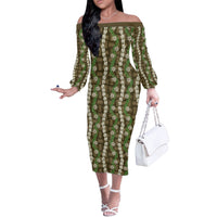 Pikake Maile Tiare Lei Off The Shoulder Long Sleeve Dress Natural Lauhala Pattern LT01 Women Brown - Polynesian Pride