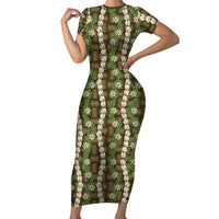Pikake Maile Tiare Lei Short Sleeve Bodycon Dress Natural Lauhala Pattern LT01 Long Dress Brown - Polynesian Pride
