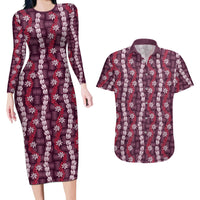 Pikake Maile Tiare Lei Couples Matching Long Sleeve Bodycon Dress and Hawaiian Shirt Akala Lauhala Pattern