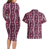 Pikake Maile Tiare Lei Couples Matching Long Sleeve Bodycon Dress and Hawaiian Shirt Akala Lauhala Pattern LT01 - Polynesian Pride