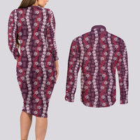 Pikake Maile Tiare Lei Couples Matching Long Sleeve Bodycon Dress and Long Sleeve Button Shirt Akala Lauhala Pattern LT01 - Polynesian Pride